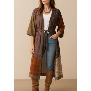 Tiny Romantic Boho Hippie Artsy Patchwork Long‎ Line Kimono XS